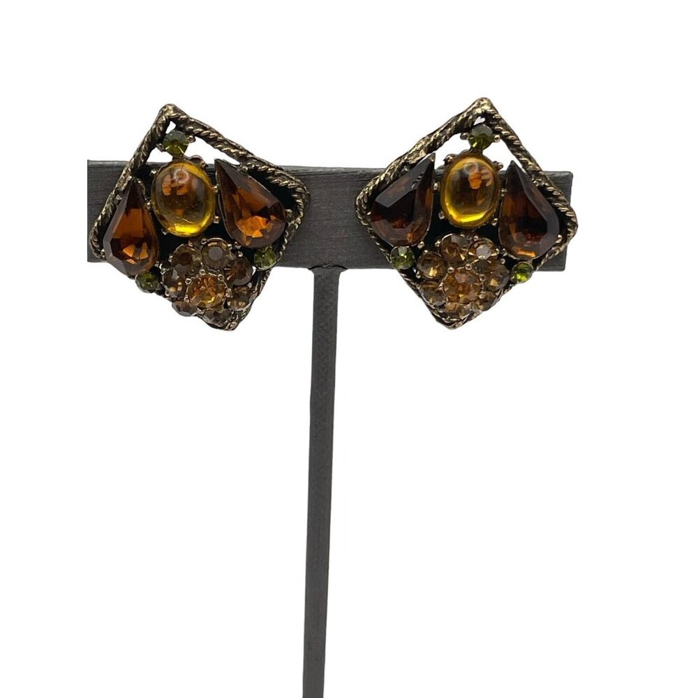 Vintage WEISS Clip On Earrings Amber Colored Glass Green Rhinestones Open Work
